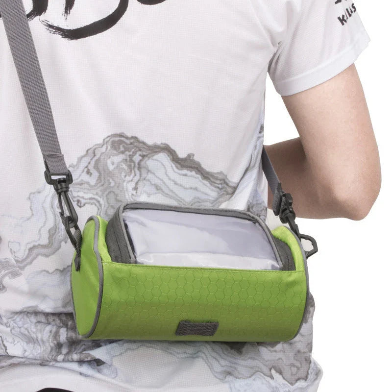 Premium waterproof bicycle handlebar bag made of durable polyester, with ample storage space for a smartphone and other cycling essentials.