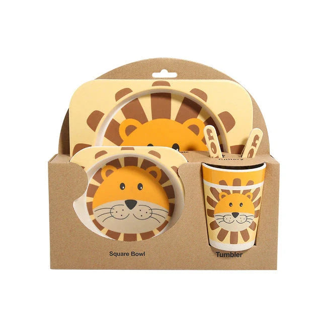 Five-piece bamboo fibre children's tableware set with plates, bowls, cups, spoons, and forks in various animal-themed designs