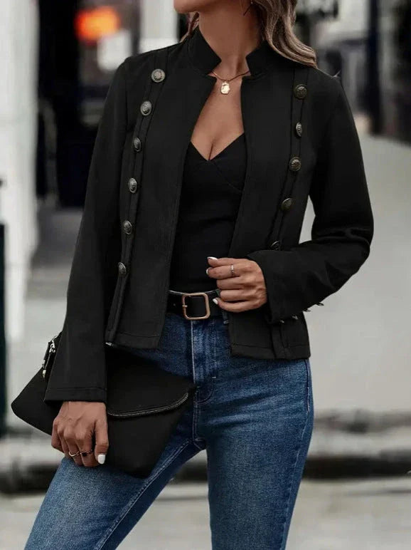 A stylish suede jacket with a double-breasted design, available in dark brown and black colors.