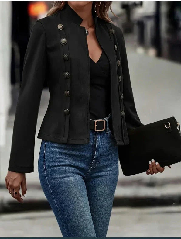 A stylish suede jacket with a double-breasted design, available in dark brown and black colors.