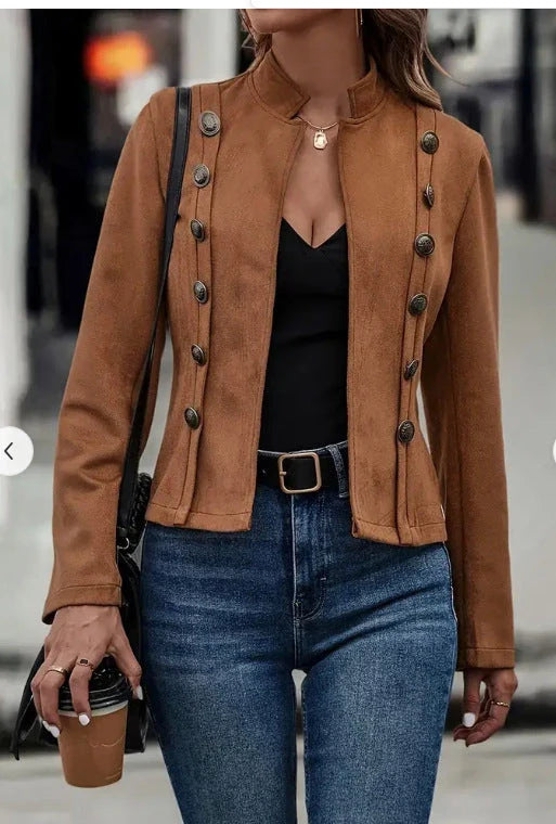 A stylish suede jacket with a double-breasted design, available in dark brown and black colors.