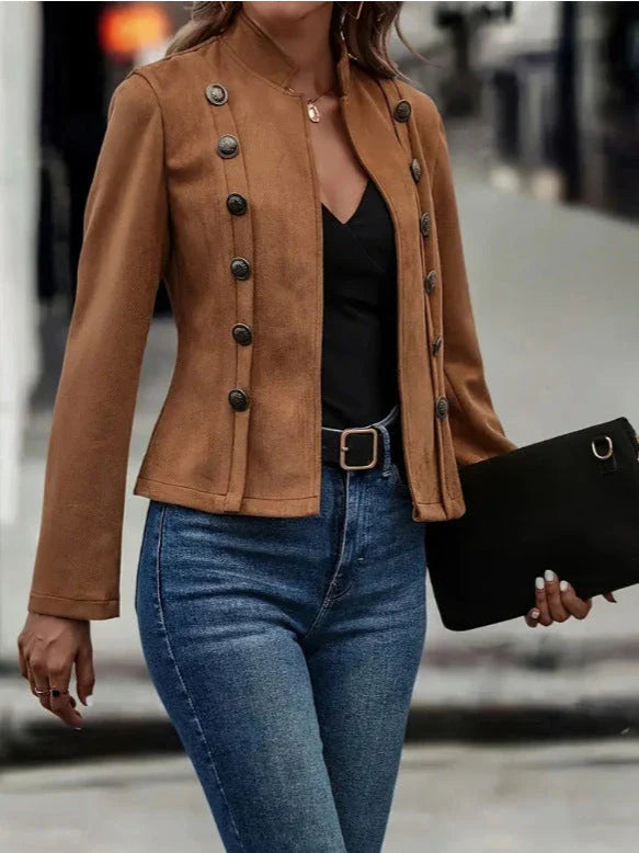 A stylish suede jacket with a double-breasted design, available in dark brown and black colors.