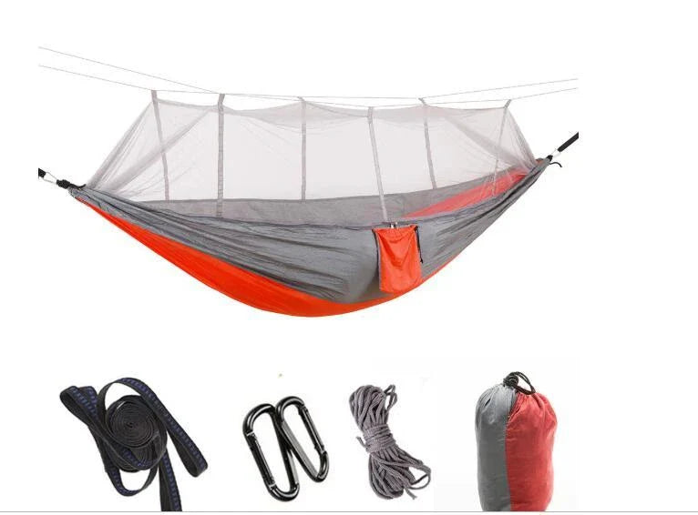 Versatile parachute hammock with mosquito net for outdoor camping and relaxation