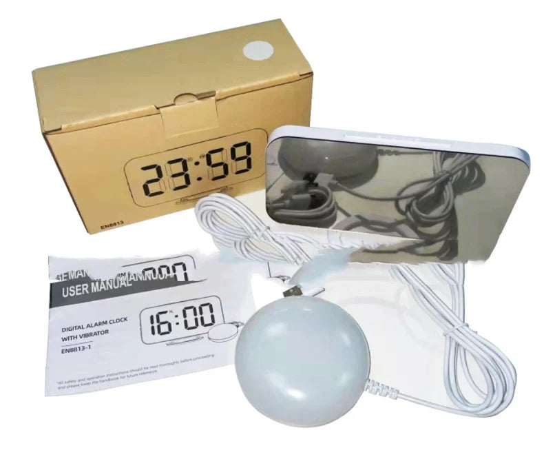 Digital mirror clock with LED display and dual USB ports on a desk