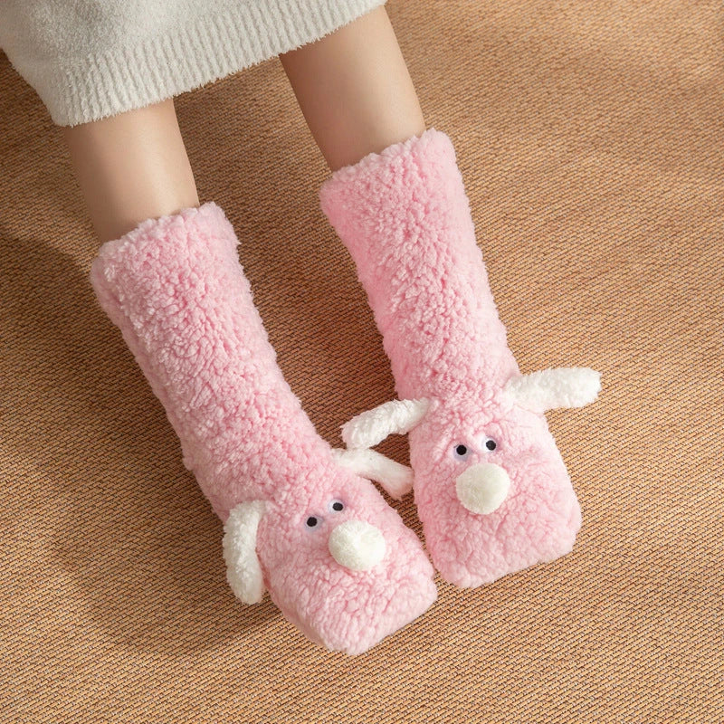 Cozy cartoon dog-patterned floor socks in various colors for comfortable winter wear