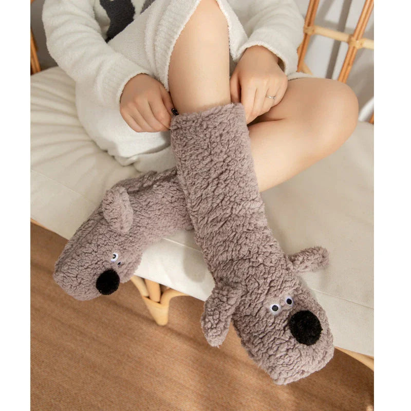 Cozy cartoon dog-patterned floor socks in various colors for comfortable winter wear