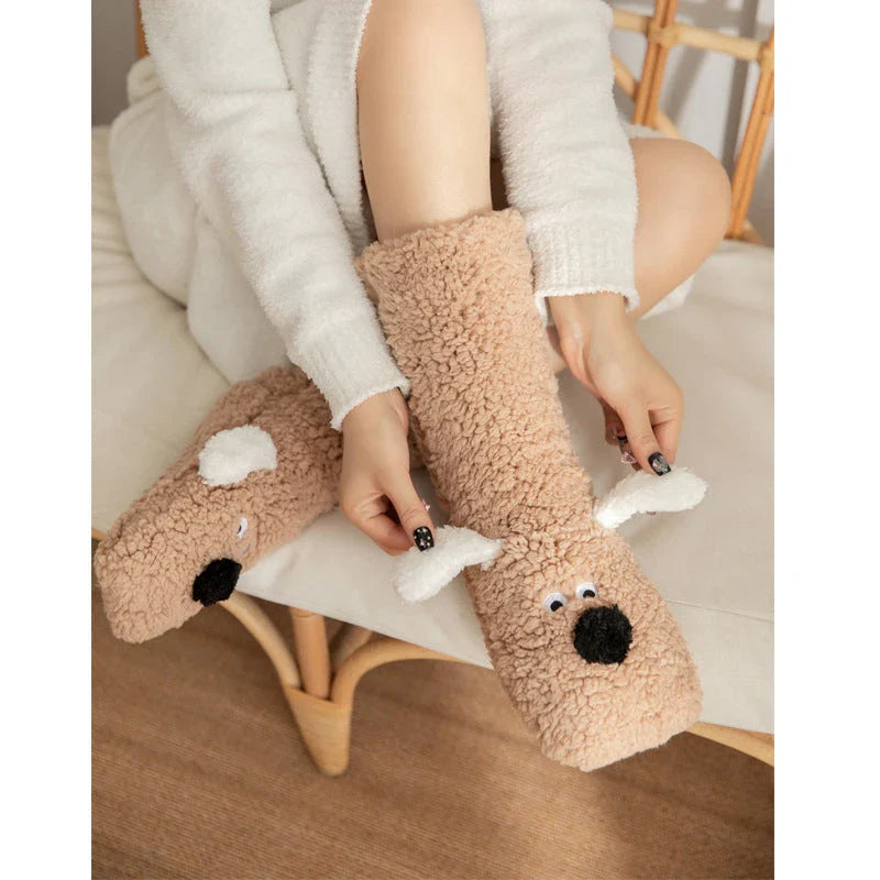 Cozy cartoon dog-patterned floor socks in various colors for comfortable winter wear