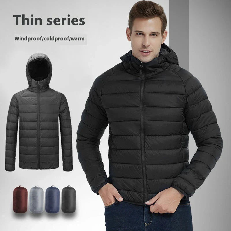 Men's insulated hooded jacket in various colors and styles with adjustable hood and zippered pockets