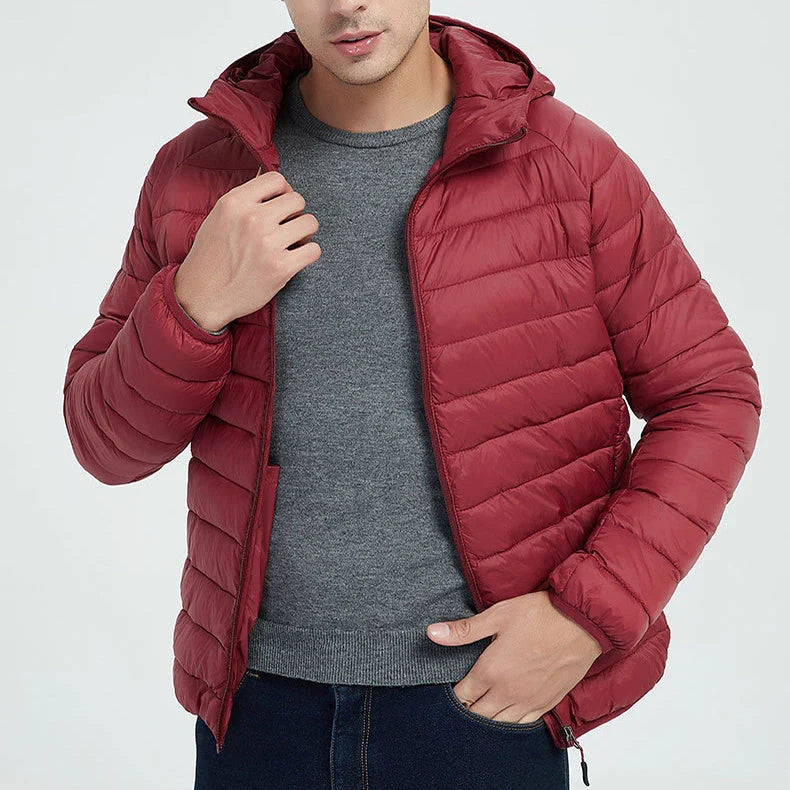 Men's insulated hooded jacket in various colors and styles with adjustable hood and zippered pockets