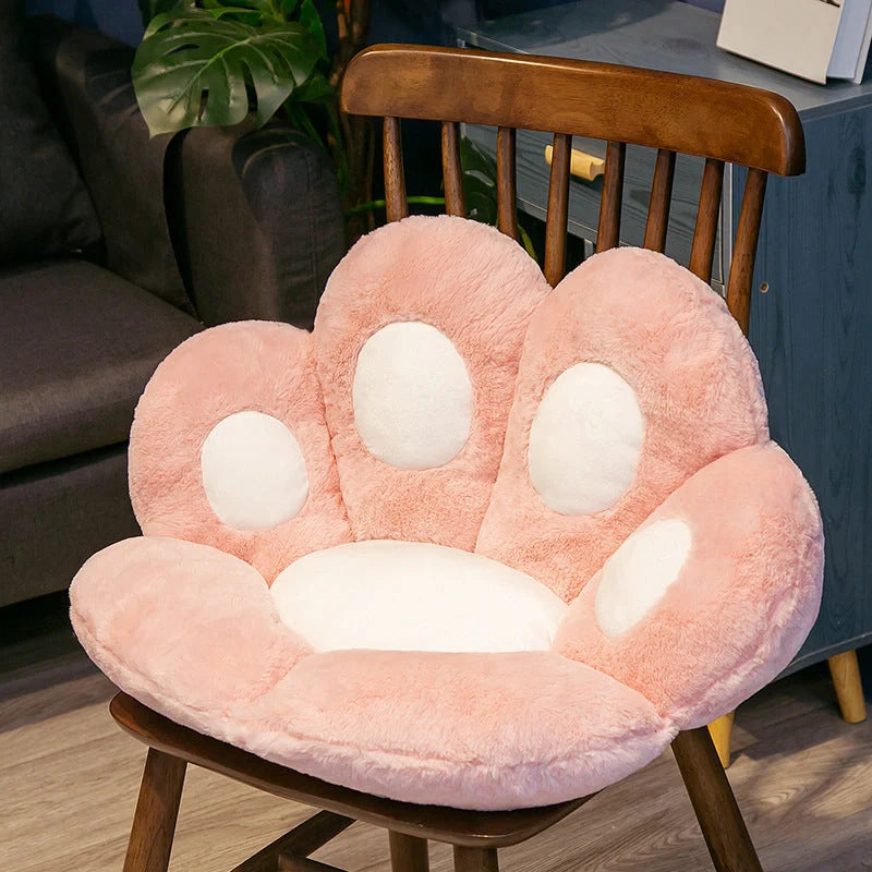 Plush office chair cushion with adorable paw-shaped design in various colors and sizes