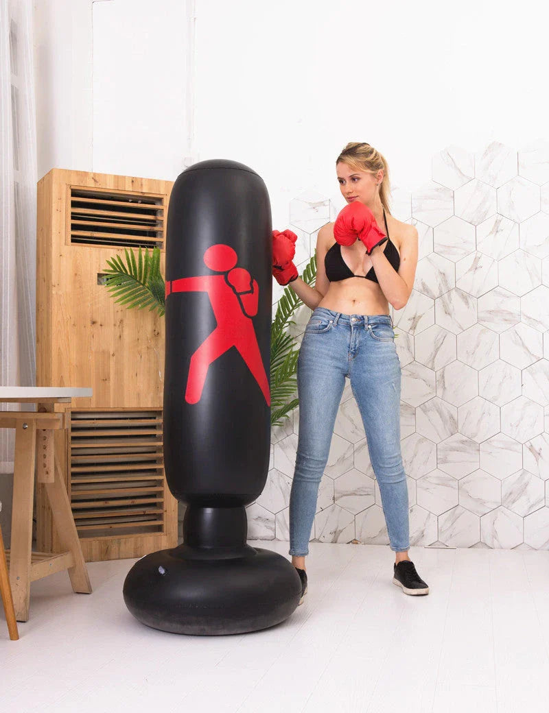 Premium inflatable freestanding boxing punch bag with durable PVC construction, reinforced double-cap seal, and large suction chassis for stable home workouts.