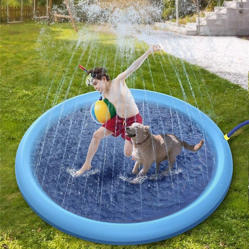Refreshing splash pad for kids and pets, backyard water play mat with sprinklers