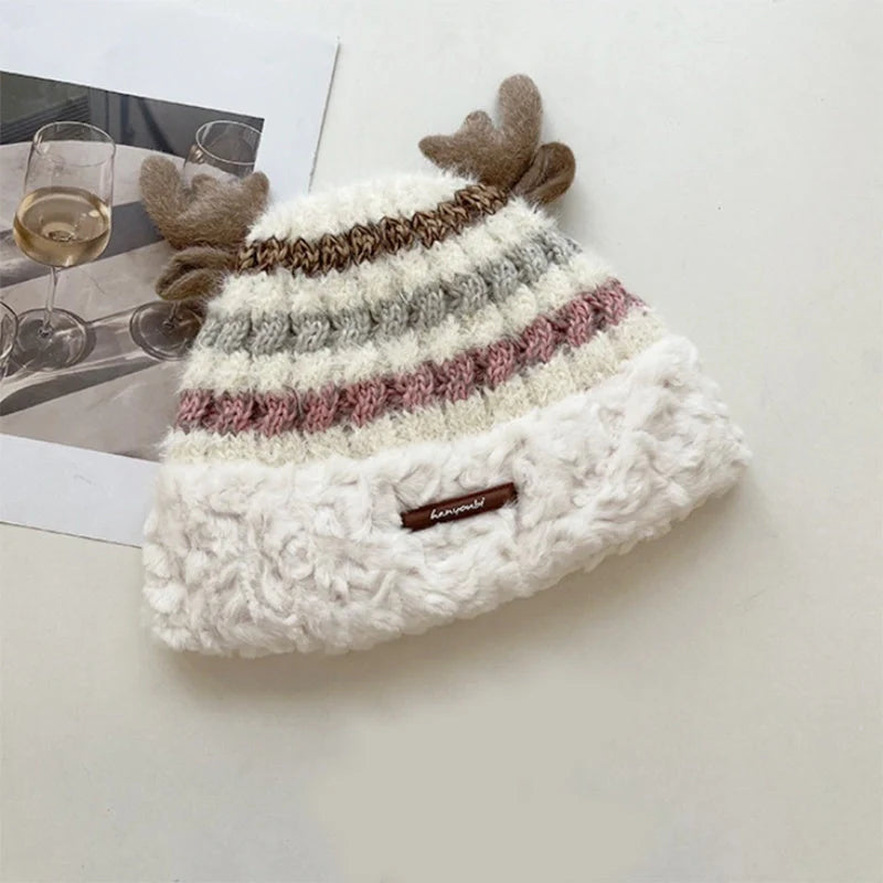 Christmas knitted deer antler hat in various colours for winter warmth