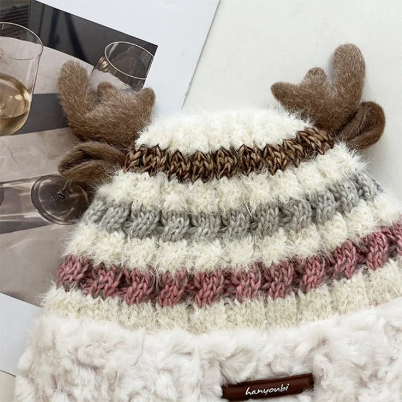 Christmas knitted deer antler hat in various colours for winter warmth