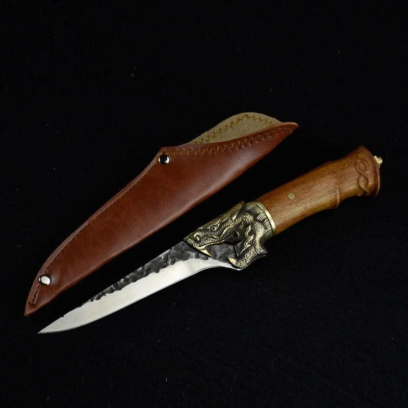 Hand-forged slicing knife with rosewood handle and pure copper guard