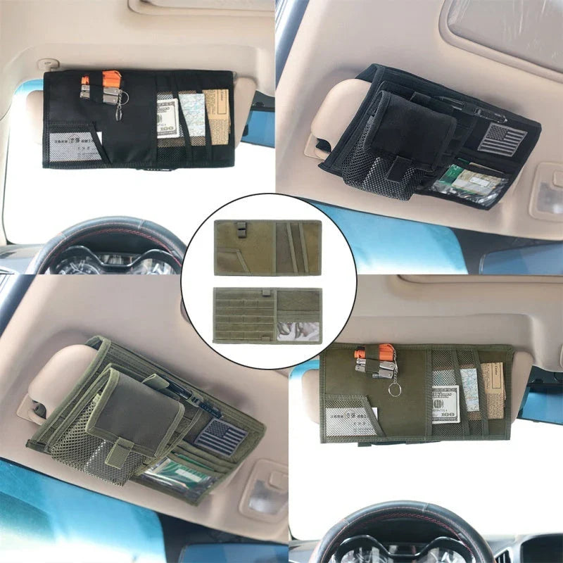 Premium car sun visor organiser with multiple storage compartments for CDs, documents, and other driving essentials