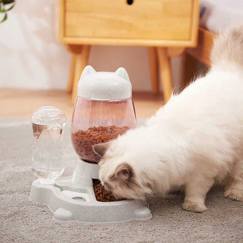 Automatic pet feeder with gravity-powered design, made of durable polypropylene and polyethylene terephthalate materials