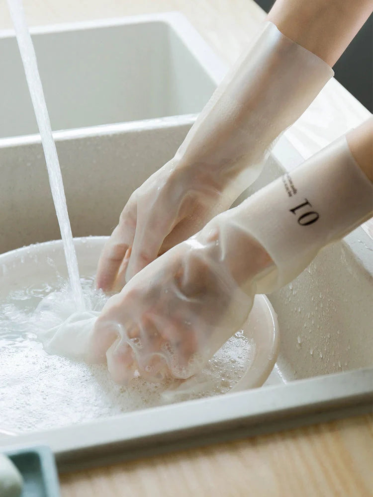 Premium dishwashing gloves with durable nitrile latex construction, textured anti-slip surface, and chemical resistance for household cleaning tasks