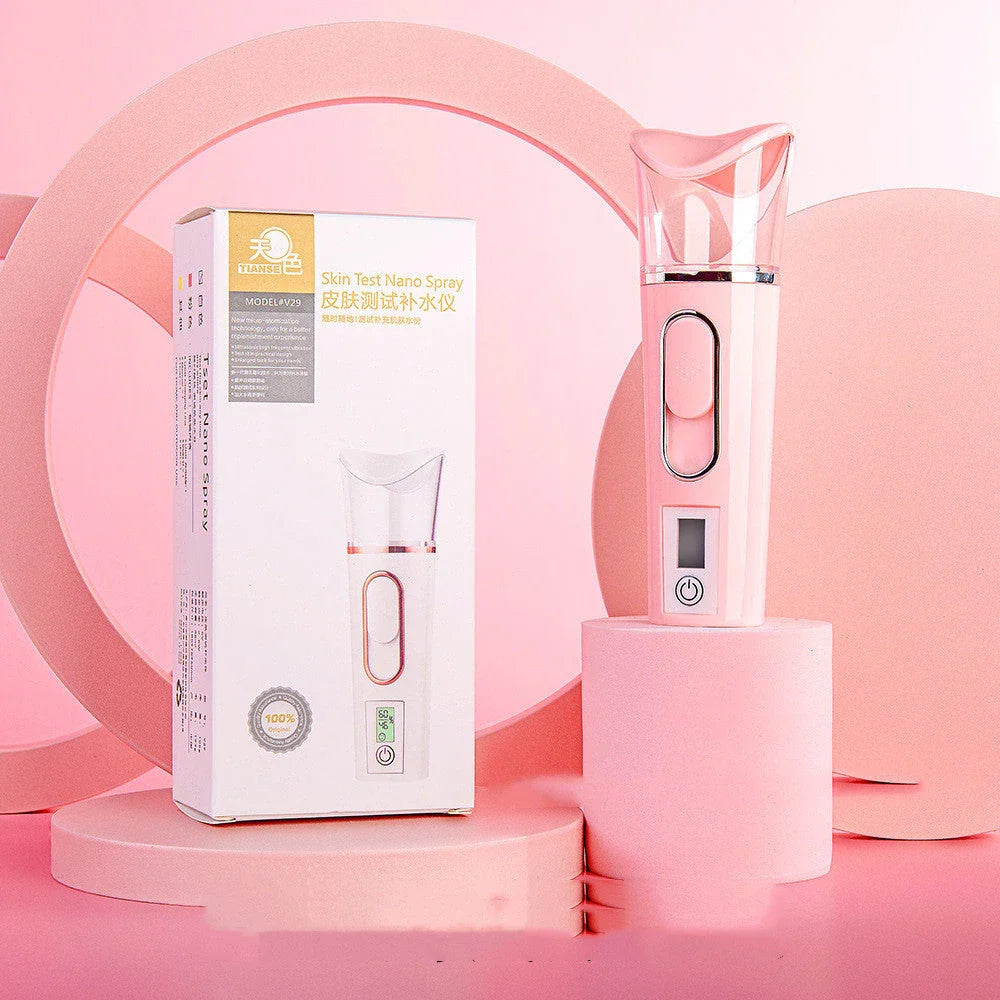 Portable facial mister with 38ml water tank, transforms water into fine mist for hydrating skin on the go