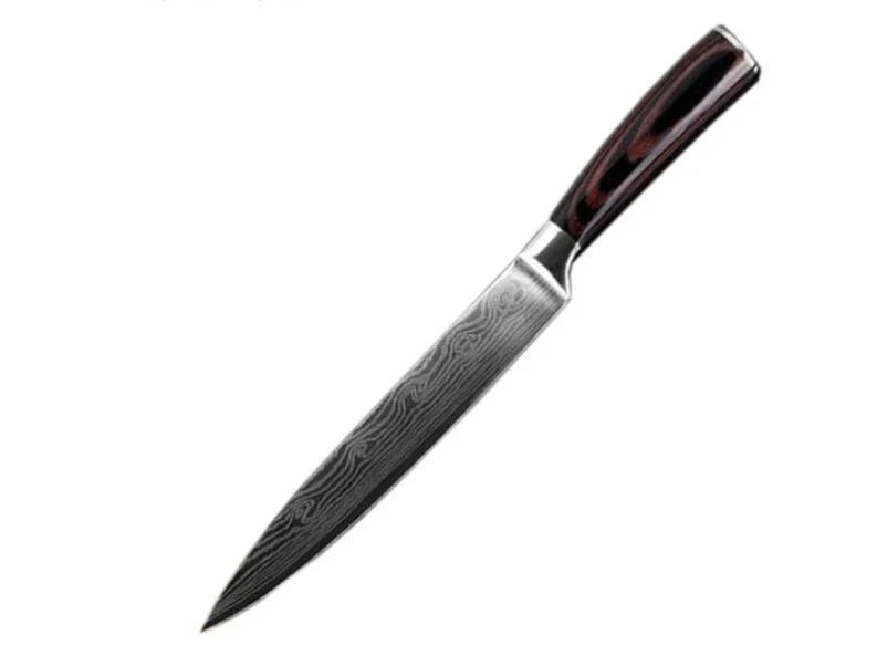 Premium 8-Piece Damascus Steel Kitchen Knife Set with Razor-Sharp Blades and Ergonomic Wooden Handles