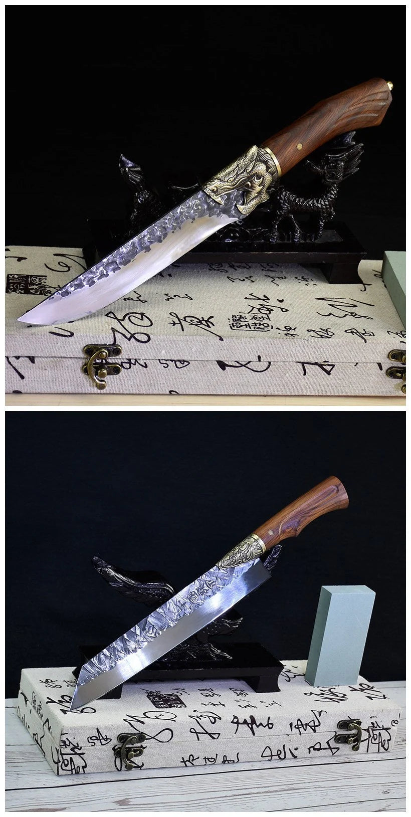 Hand-forged slicing knife with rosewood handle and pure copper guard