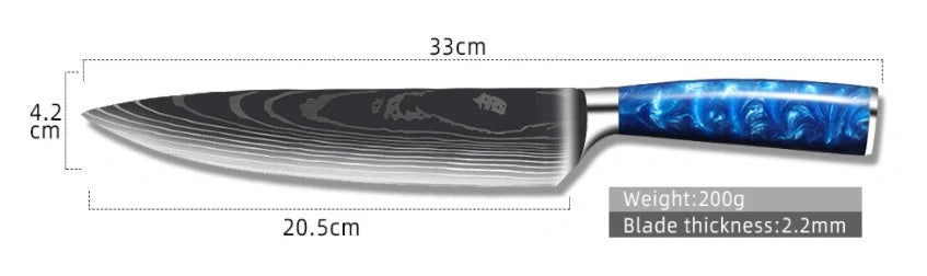Premium 8-inch Chef Knife with elegant blue resin handle and stainless steel blade
