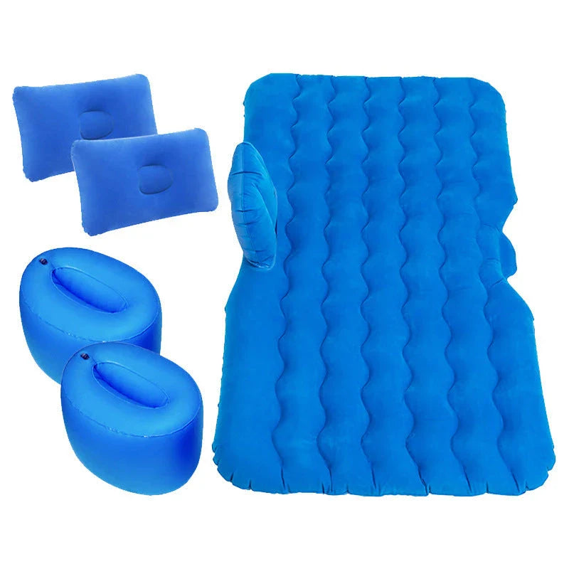Inflatable car mattress with pillows in various colors, perfect for comfortable road trips and outdoor adventures