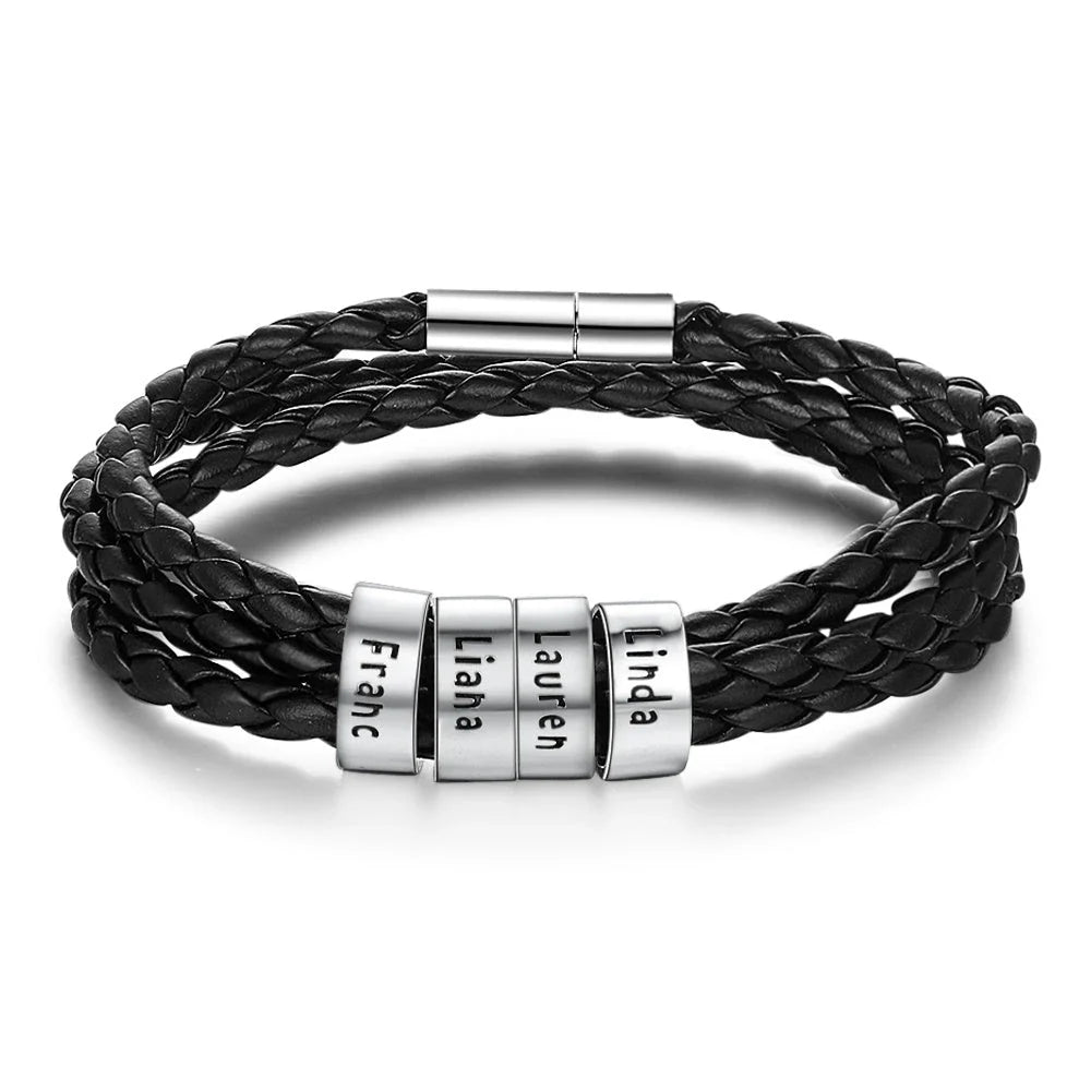 Personalized Leather Bracelet with Engraved Name Charm in Black and Brown Colors