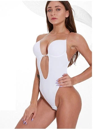 Versatile Backless Body Shaper Bra in beige, black, and white colors, featuring adjustable straps and compression panels for a customized fit