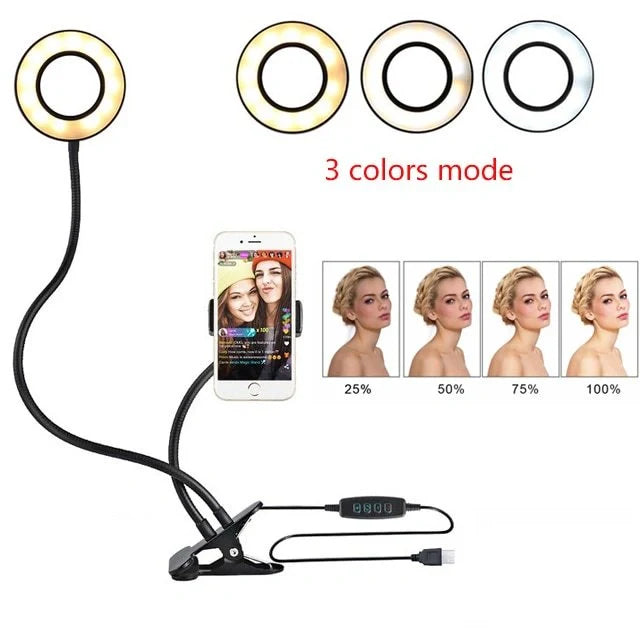 Adjustable LED ring light with 360-degree swivel ball head for capturing flawless selfies and makeup application