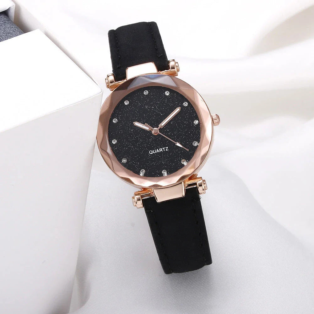 Starry Sky Women's Watch with Rhinestone Accents - Leather Strap in Various Colors