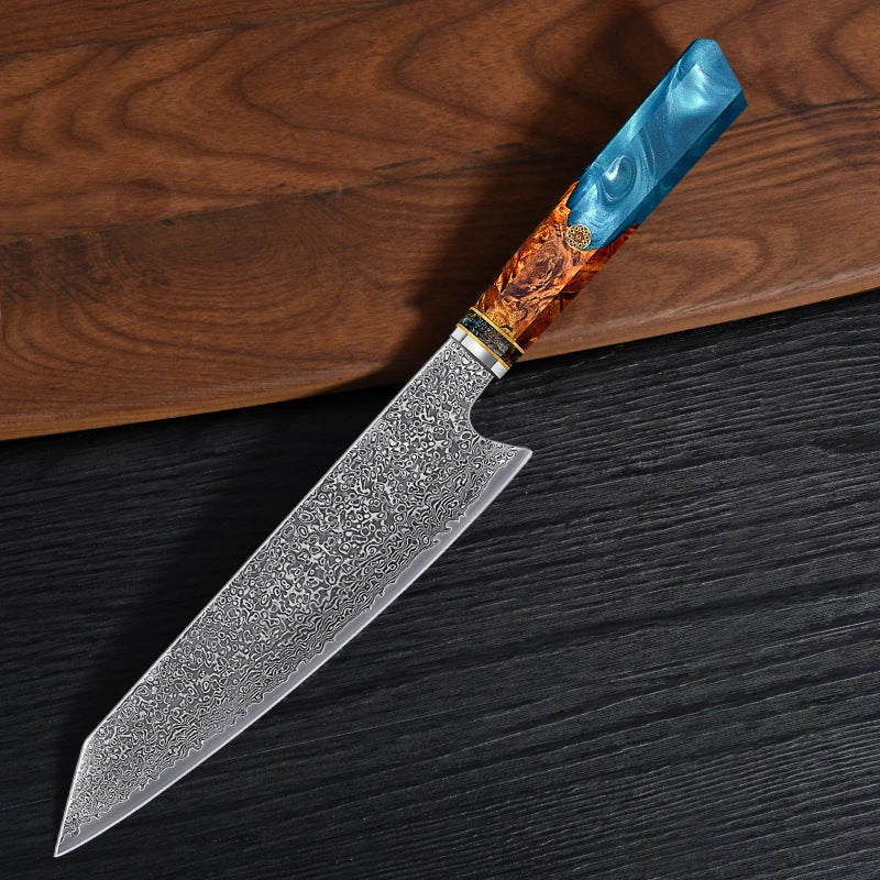 Exquisite Japanese Damascus Steel Chef's Knife with Stunning Brocade Pattern and Ergonomic Resin Wood Handle