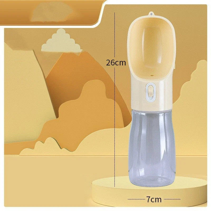 Portable pet water bottle and food bowl made of durable plastic, available in multiple colors for outdoor adventures with your furry friend.