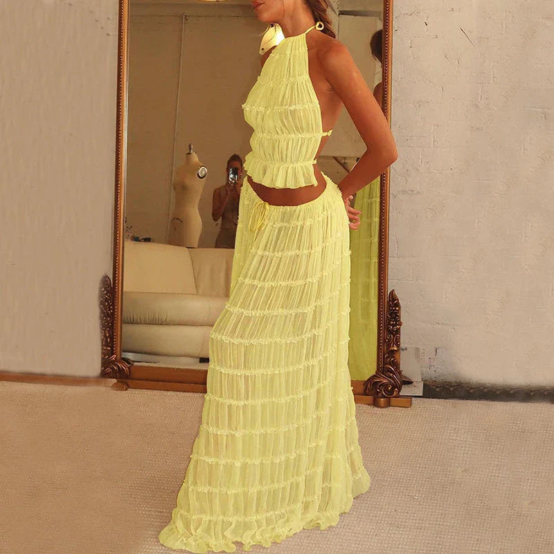 Chic sleeveless backless cropped halter top and pleated maxi dress set in various colors