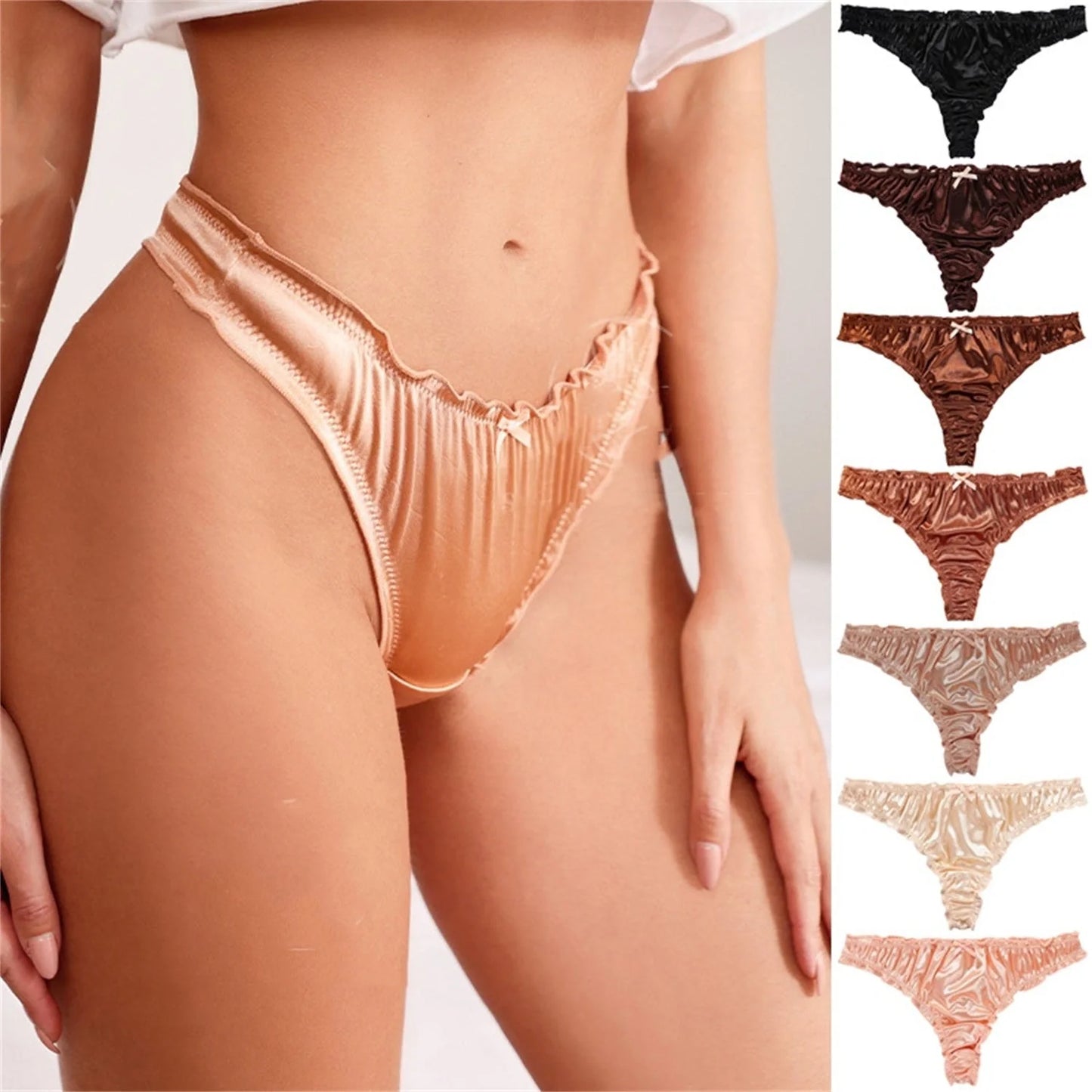 Premium satin and cotton blend women's briefs with a flattering T-back design, offering luxurious comfort and style.