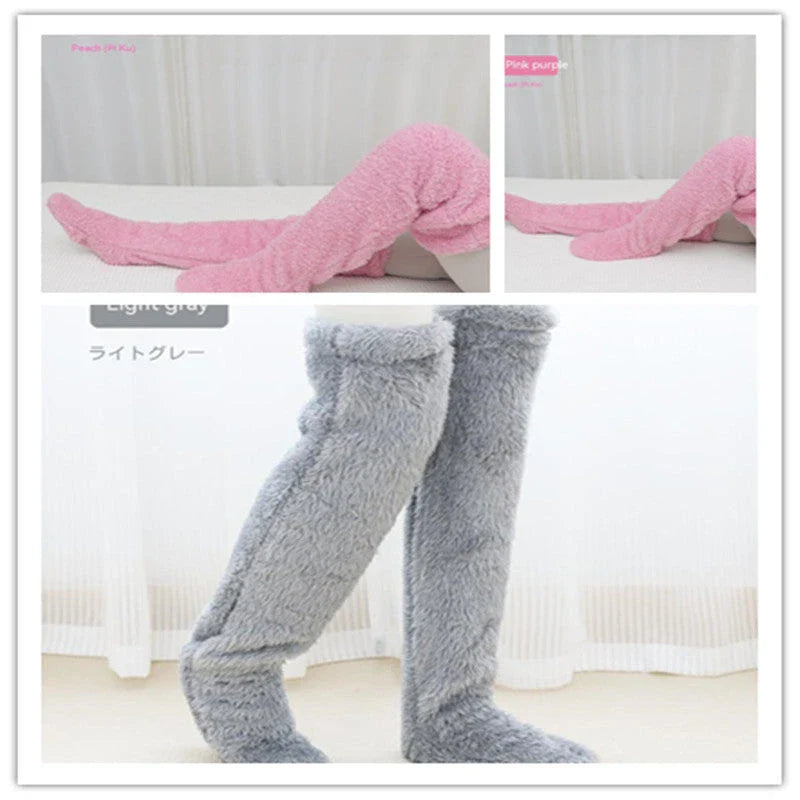 Cozy over-the-knee fuzzy socks in various colors, including brown, blue, dark gray, and pink purple