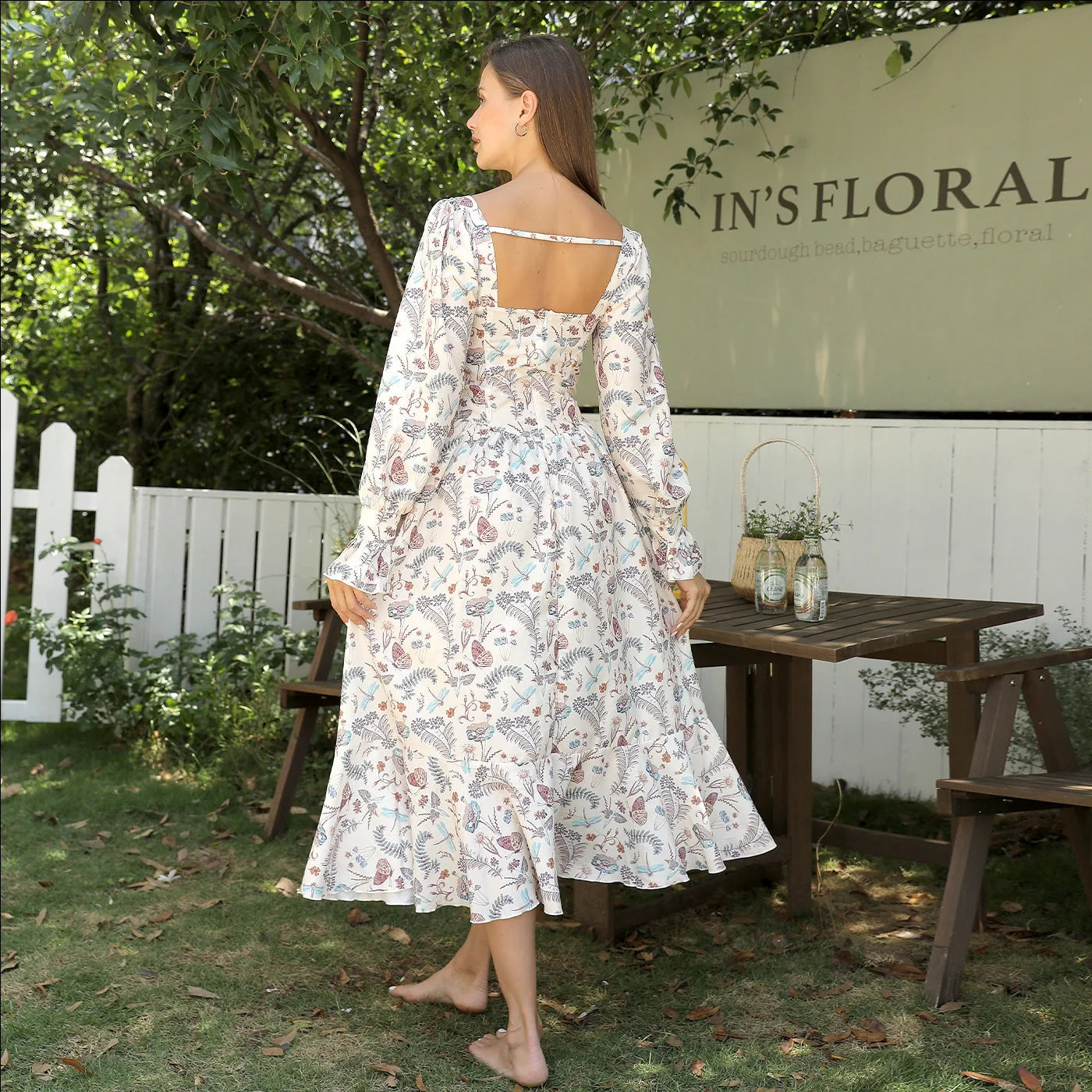 Stylish women's floral print dress with square neckline and long sleeves, available in multiple sizes