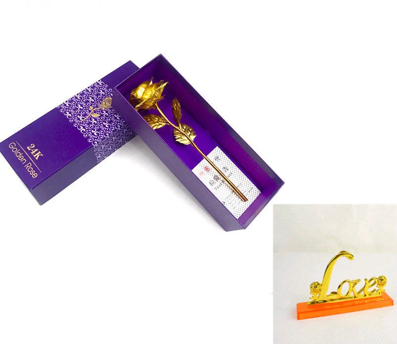 A luxurious 24K gold-plated rose flower bouquet set with a gift box and tote bag