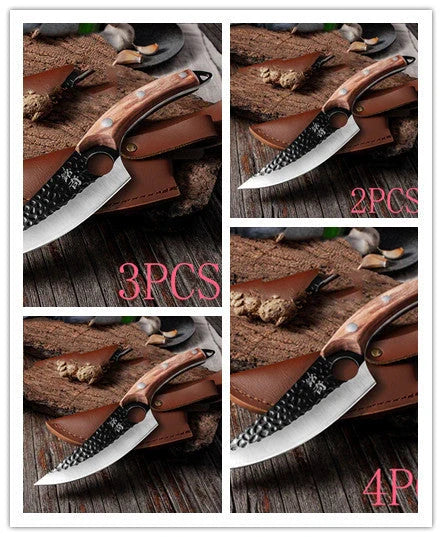 Forged stainless steel boning knife with ergonomic handle and leather sheath