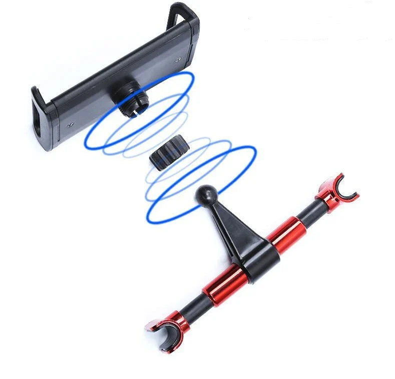 Adjustable car headrest mount for holding smartphones and tablets, with 360-degree swivel and telescopic arm for optimal viewing