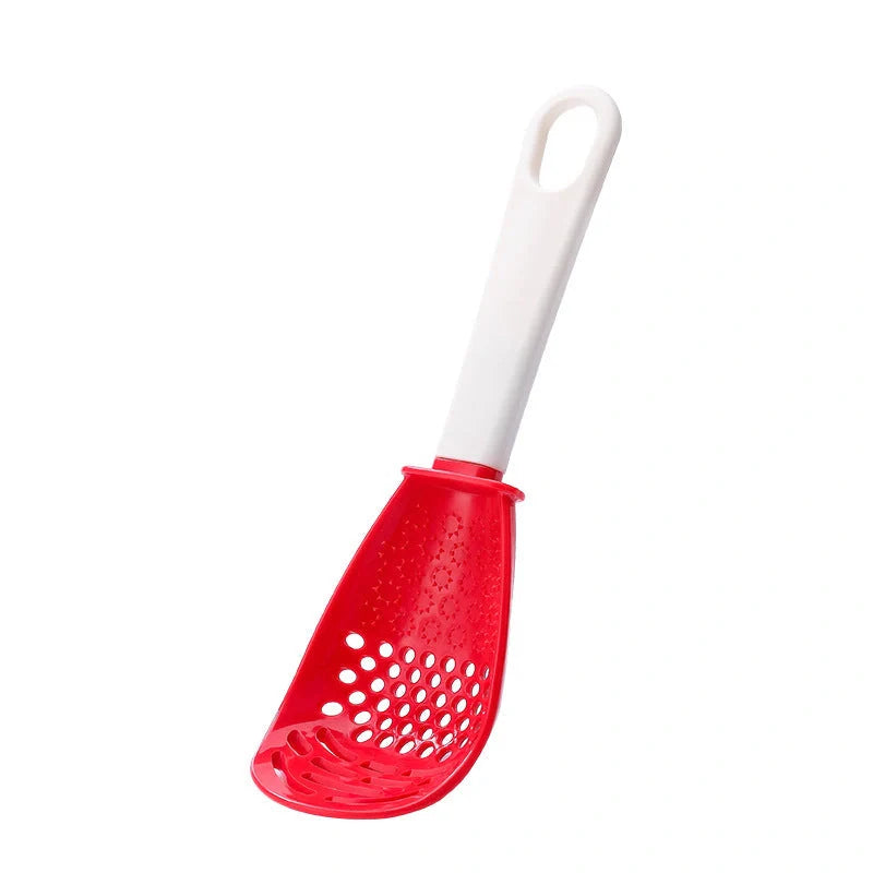 Versatile kitchen spoon for grinding, pressing, and stir-frying in red and black