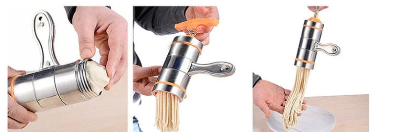 Compact stainless steel pasta maker with multiple pasta moulds for creating homemade pasta shapes
