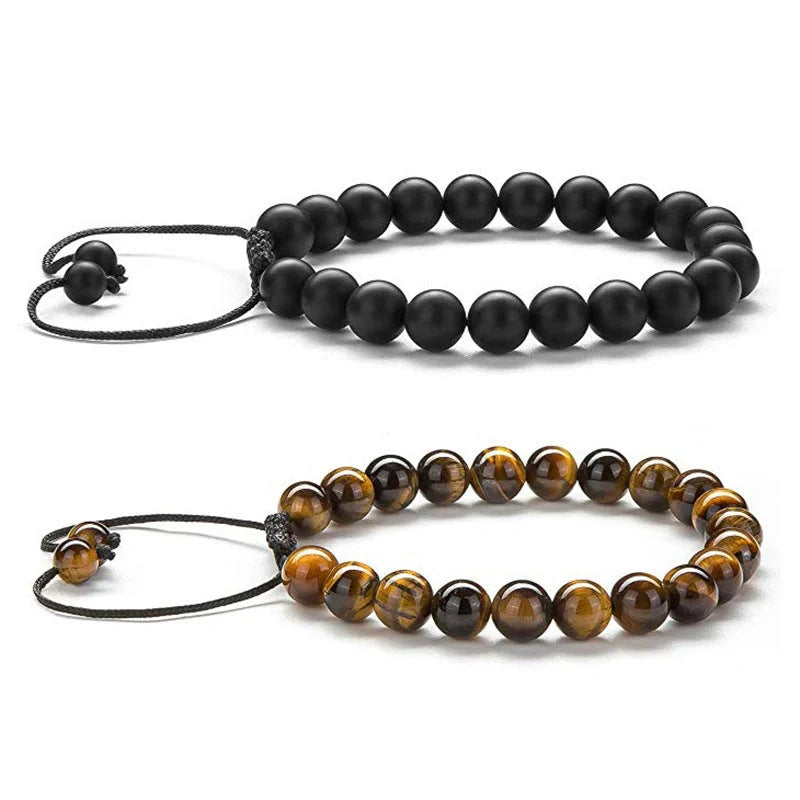 Matte black agate beads and tiger eye couple bracelets with geometric design