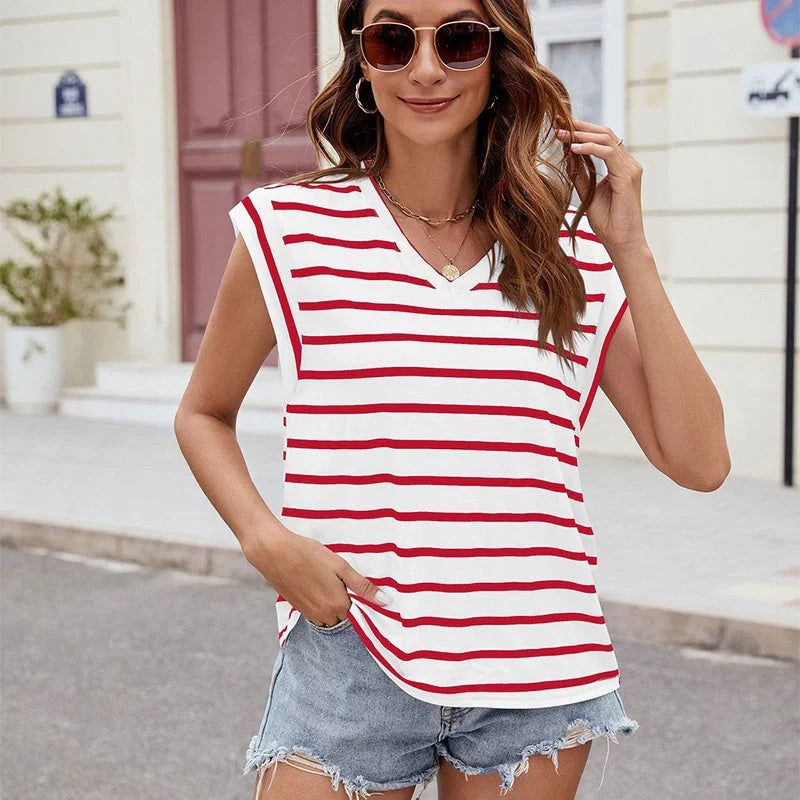 Women's summer V-neck short-sleeved T-shirt in stripe print