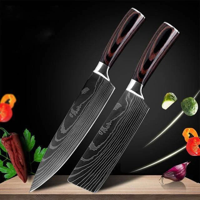 Premium 8-Piece Damascus Steel Kitchen Knife Set with Razor-Sharp Blades and Ergonomic Wooden Handles
