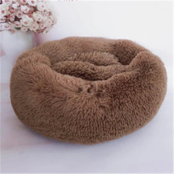 Cosy round plush cat mattress for winter warmth, available in various colours and sizes