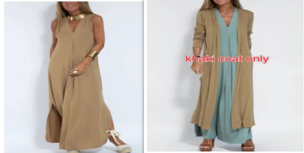 Stylish Women's V-neck Sleeveless Dress with Long Cardigan in various colors