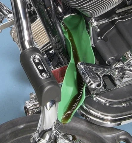Multipurpose flexible automotive funnel in green colour, used for transferring fluids and dry ingredients while preventing spills