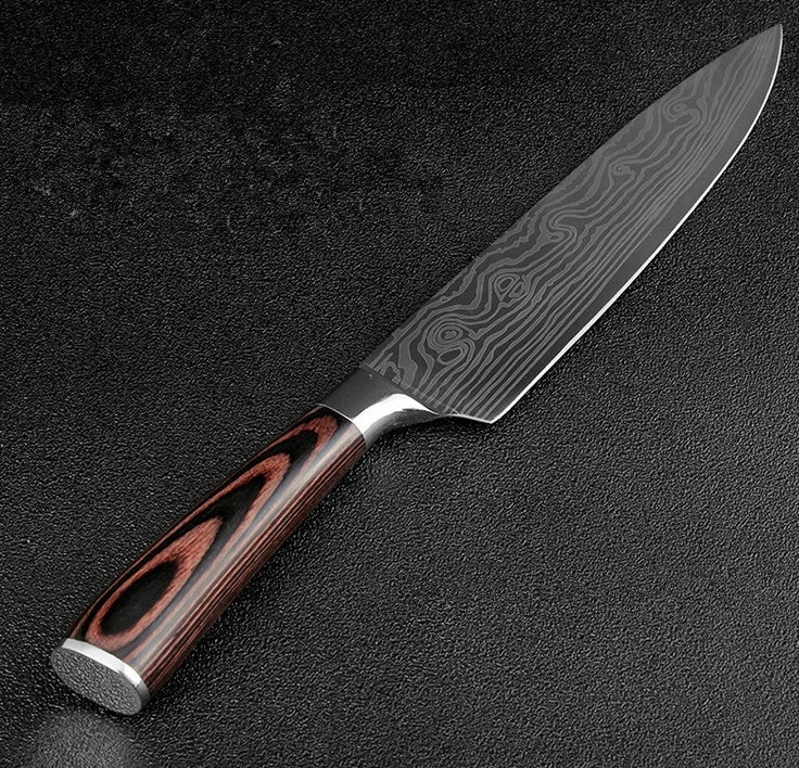 Premium 8-Piece Damascus Steel Kitchen Knife Set with Razor-Sharp Blades and Ergonomic Wooden Handles