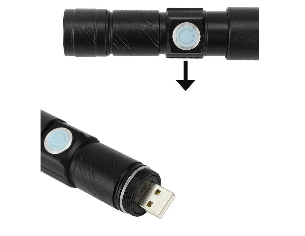 Compact, waterproof and rechargeable LED torch with USB charging, made from durable aluminium alloy for outdoor and emergency use